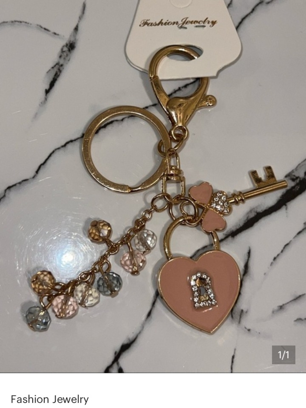 Fashion Jewelry Gold-tone Pink Heart Padlock & Key Charm Keychain - Picture 1 of 1